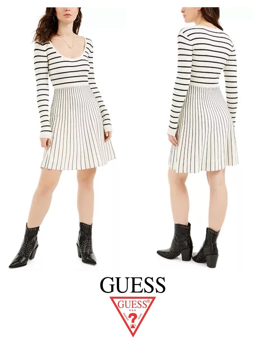 Guess NWT Nash Long Sleeves Ribbed Knit Striped Mini Fit and Flare Sweater Dress